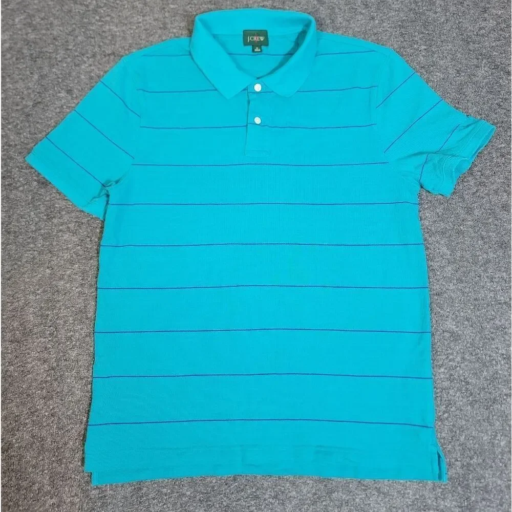 Vintage J.Crew Men’s Polo Shirt M Turquoise Blue Stripe Cotton Short Sleeve